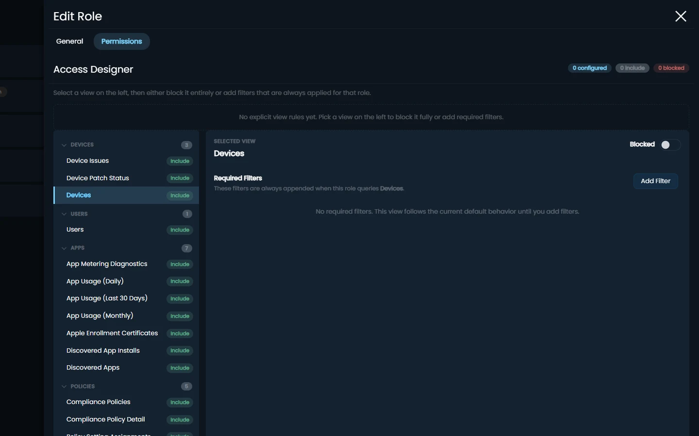 The Access Designer in Eido’s role editor: views listed on the left, each included or blocked for the role, and required filters that are always applied.