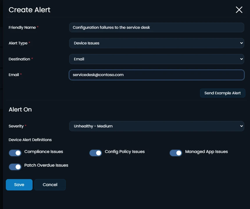 The Create Alert form in Eido: configuration failures sent by email to the service desk, at medium severity.
