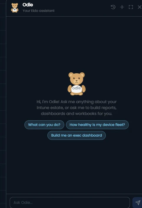 The Odie assistant panel in Eido, offering to build reports, dashboards and workbooks.