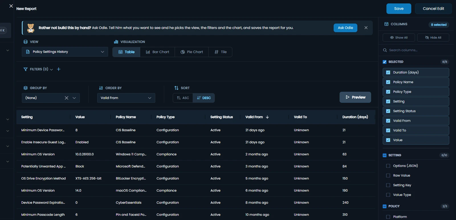 Policy settings history in Eido: each setting of each policy, its value, when that value took effect and how long it has held, such as minimum OS versions and BitLocker encryption methods.