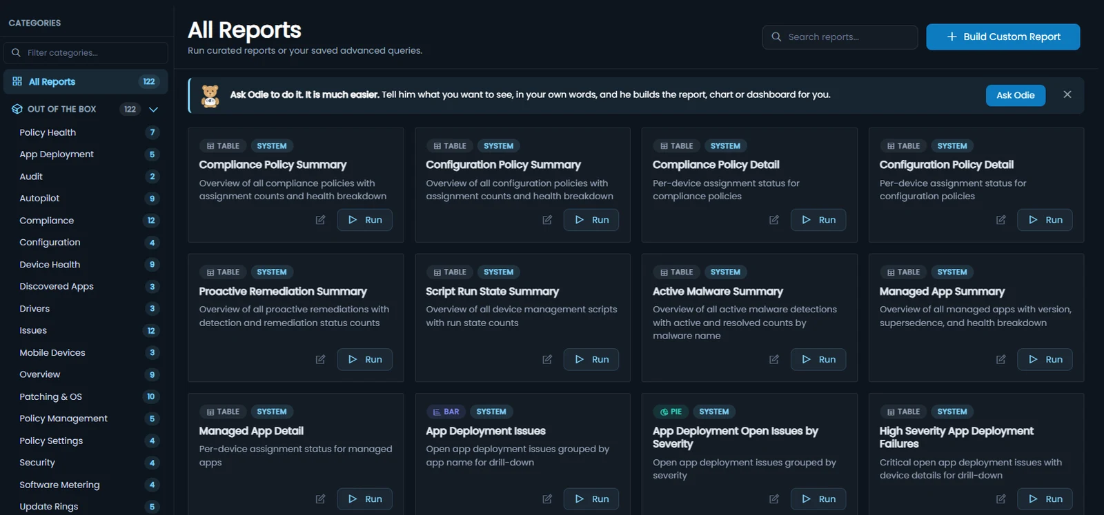 The report library in Eido: 122 reports in categories such as Policy Health, Patching and OS, and Software Metering, each a card with a Run button, under a banner inviting you to ask Odie instead.