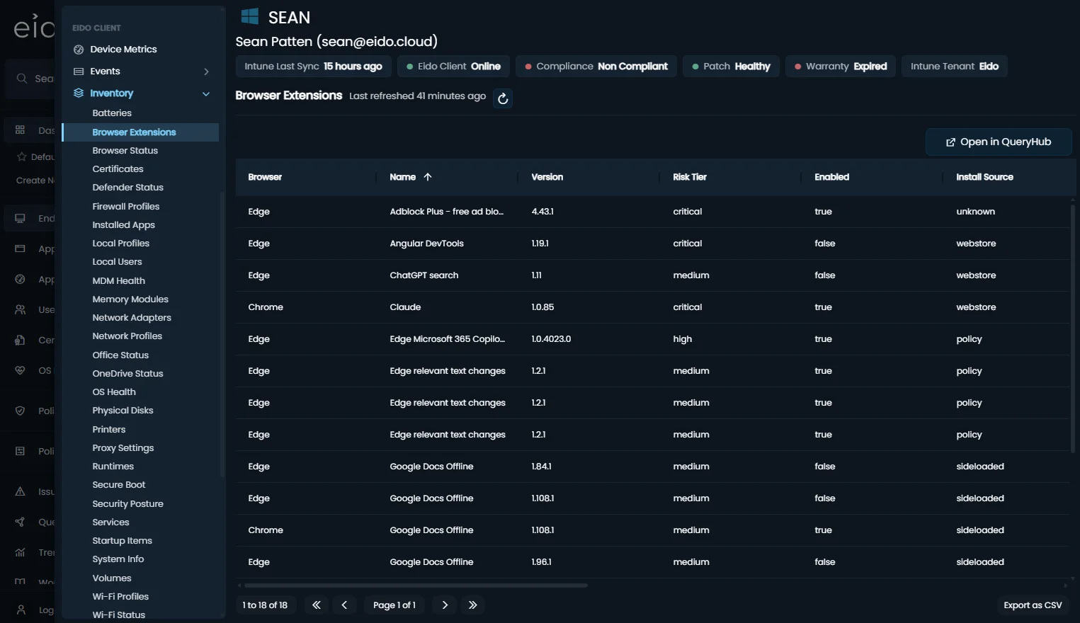 The inventory view in Eido showing a device's browser extensions with version, risk tier and install source.