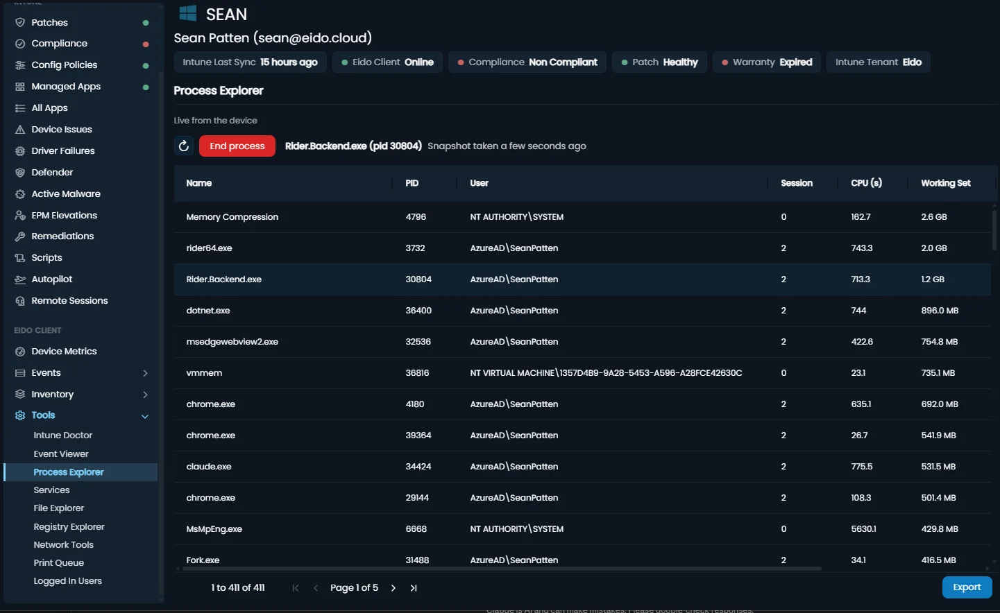 Process Explorer in Eido, listing the running processes on a device with their memory and CPU use and an End process button.