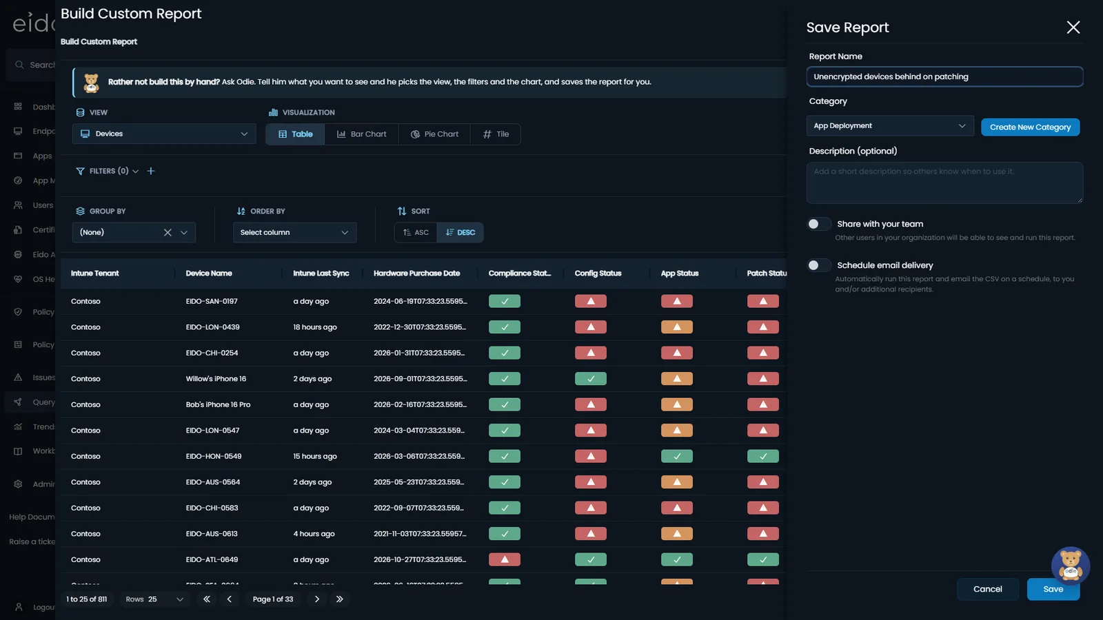 Saving a report in Eido: the report's name and category, a switch to share it with your team, and a switch to schedule email delivery, which runs the report and emails it on a schedule.